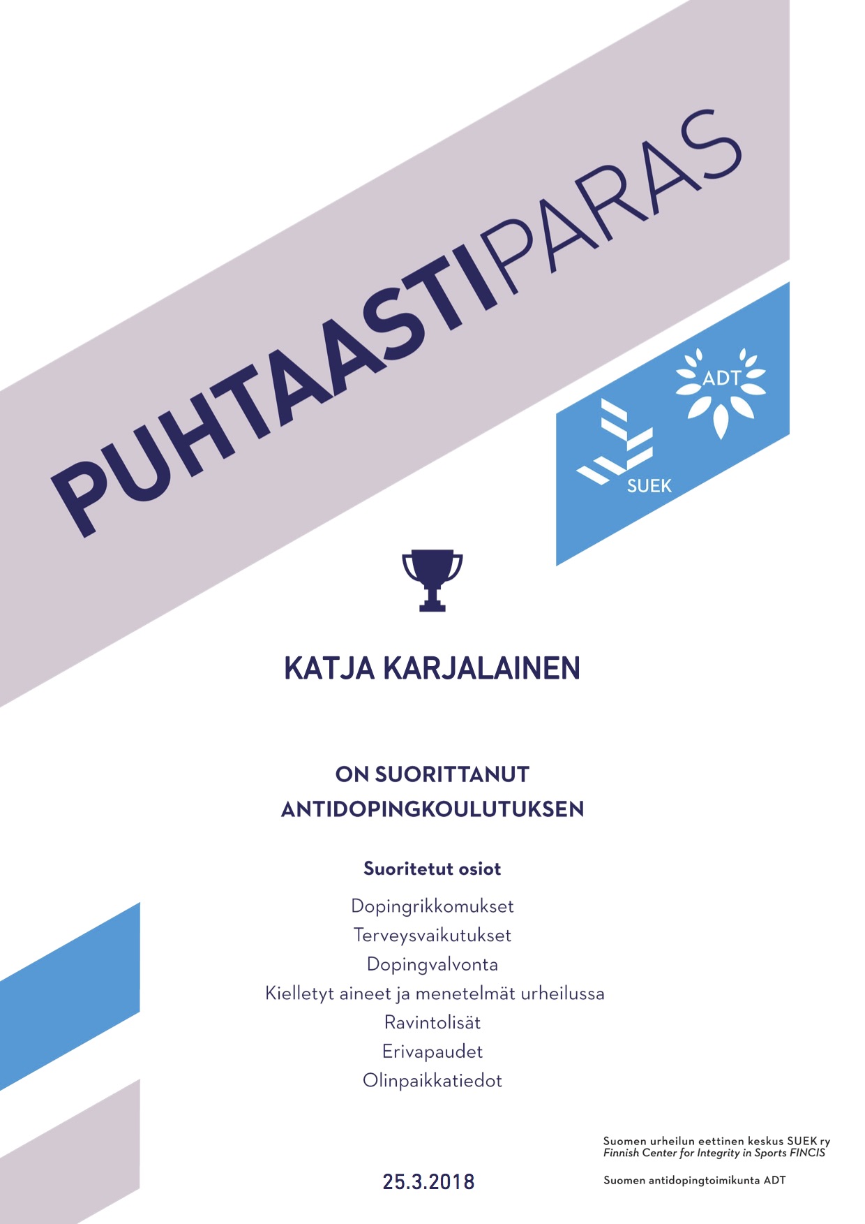 Netissä suoritettu antidopingkoulutus.